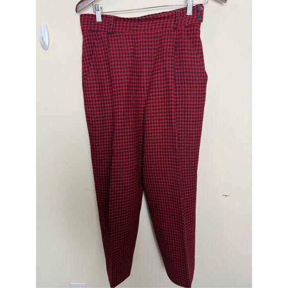 Christian Dior Women 10 Wool Houndstooth Pleated High Waist Trouser Pants Red Bl - Picture 1 of 4